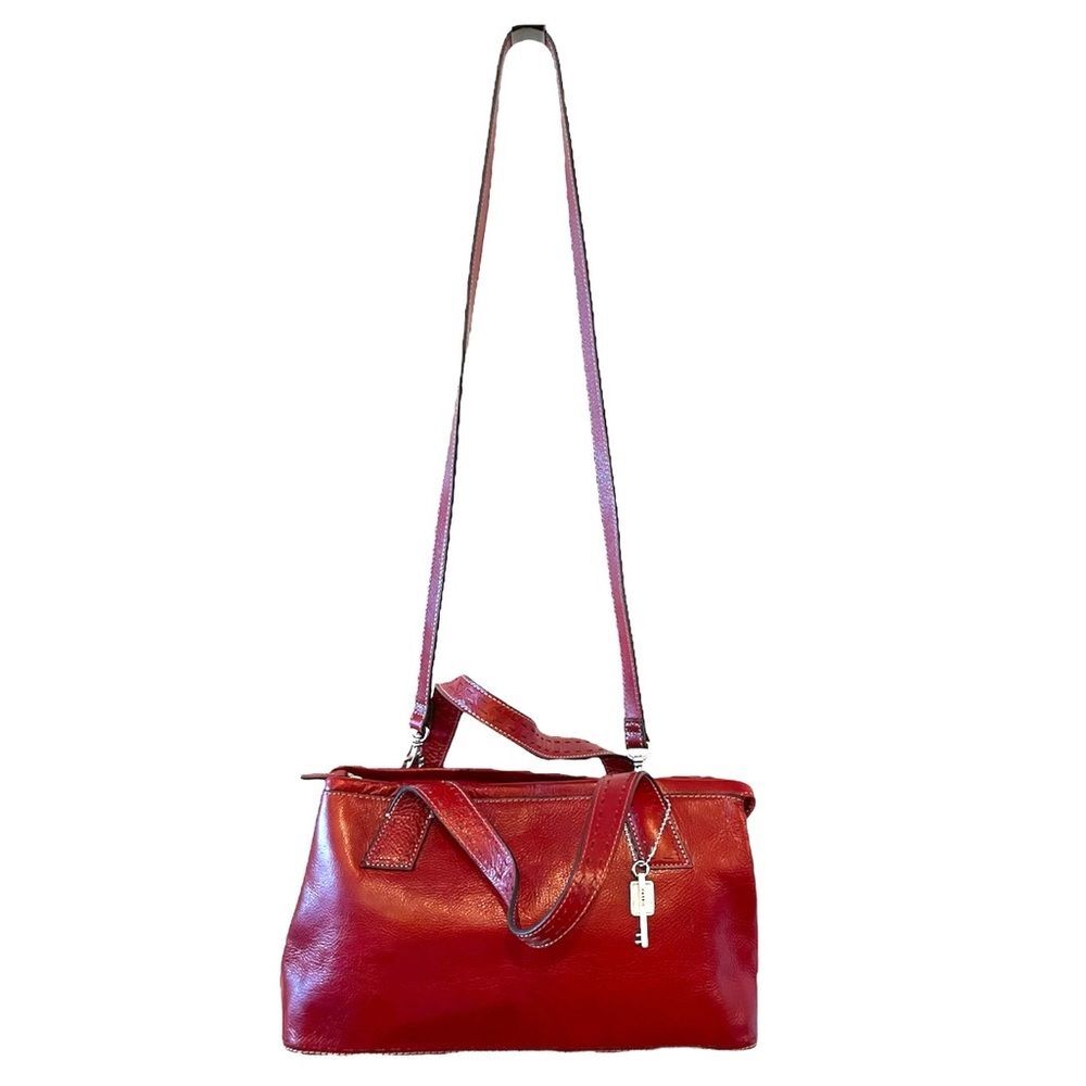 Fossil Leather Crossbody Bag Red Double Handle Contemporary Statement Piece Chic